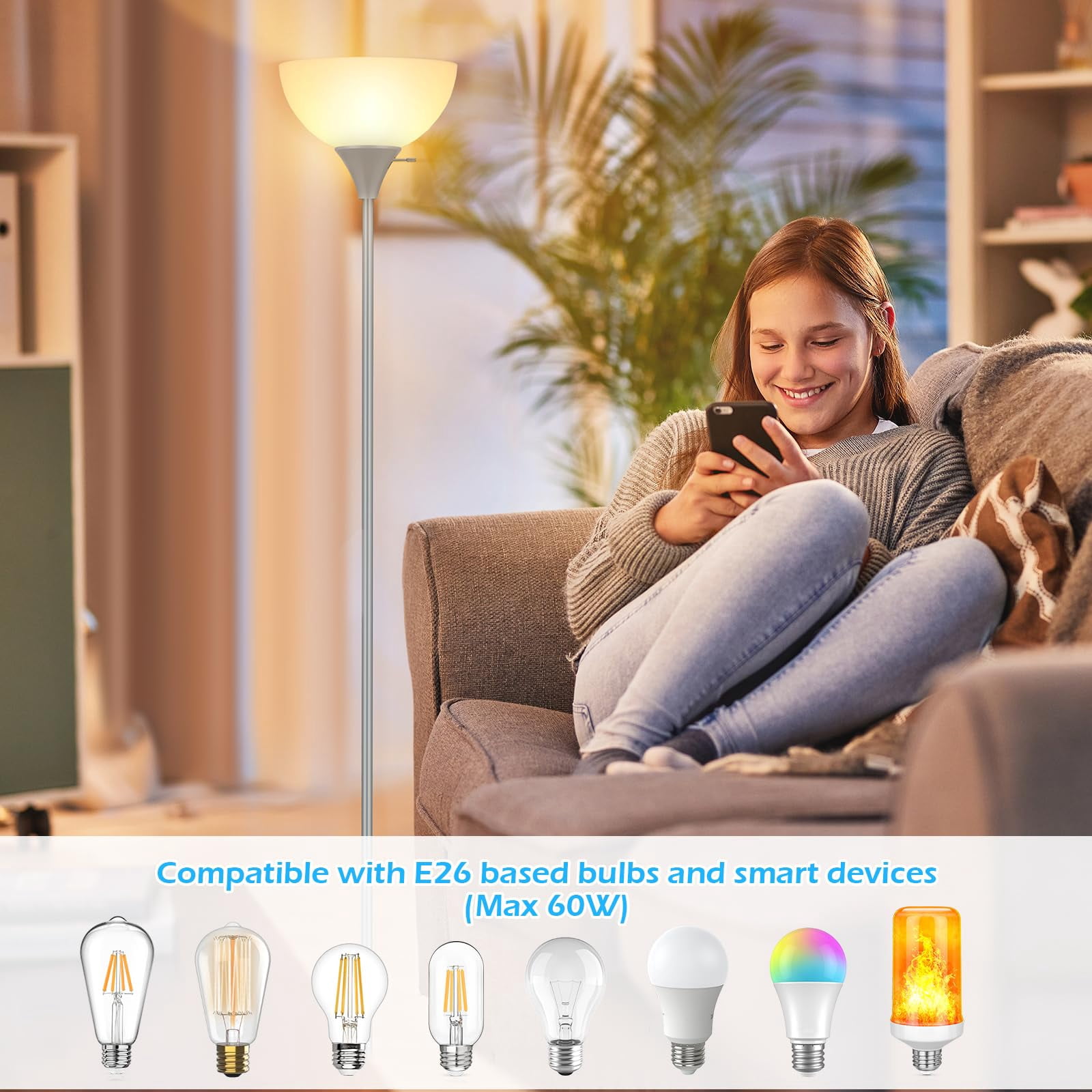 Silver Grey Floor Lamp with White Plastic Shade, Corner Light for Living Room Bedroom