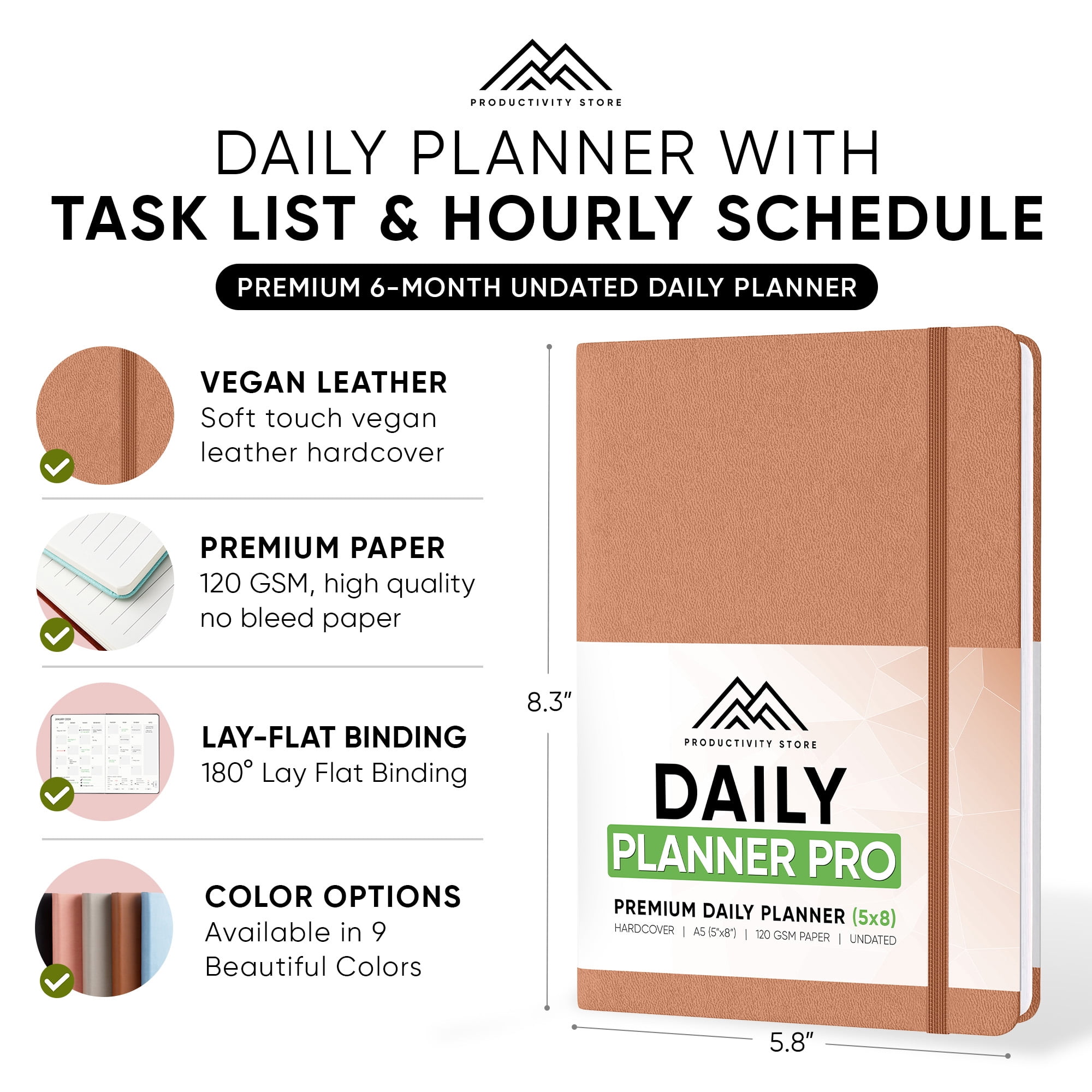 2024 Daily Planner - 6-Month Undated Daily Planner With Daily Tasks, Goals & Schedule - Best Goal Planner For Productivity and Personal Success - A5 5" x 8" Size -  Leather -Productivity Store