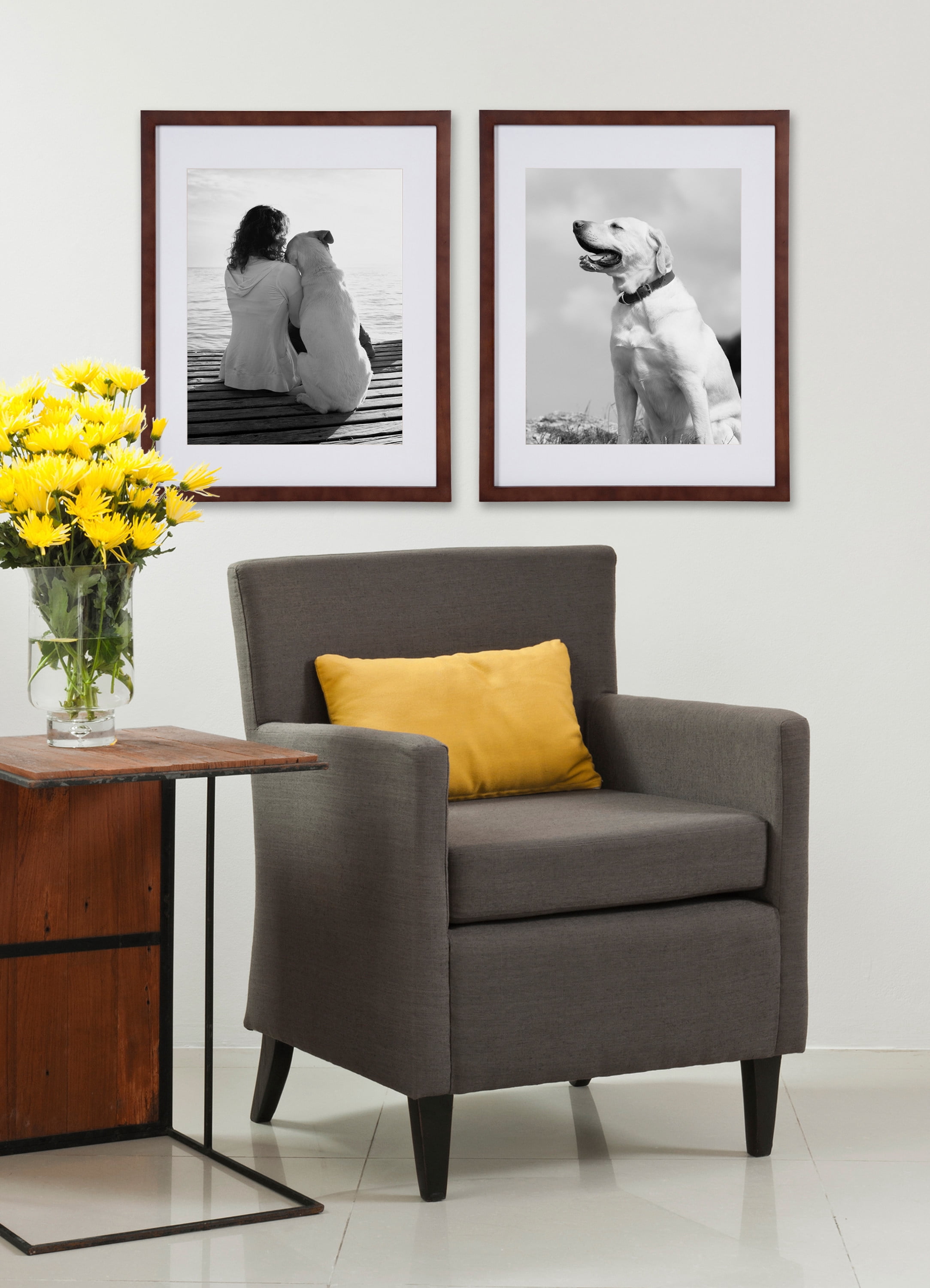 DesignOvation Gallery Wood Photo Frame Set for Customizable Wall Display, Walnut Brown 14x18 matted to 11x14, Pack of 2