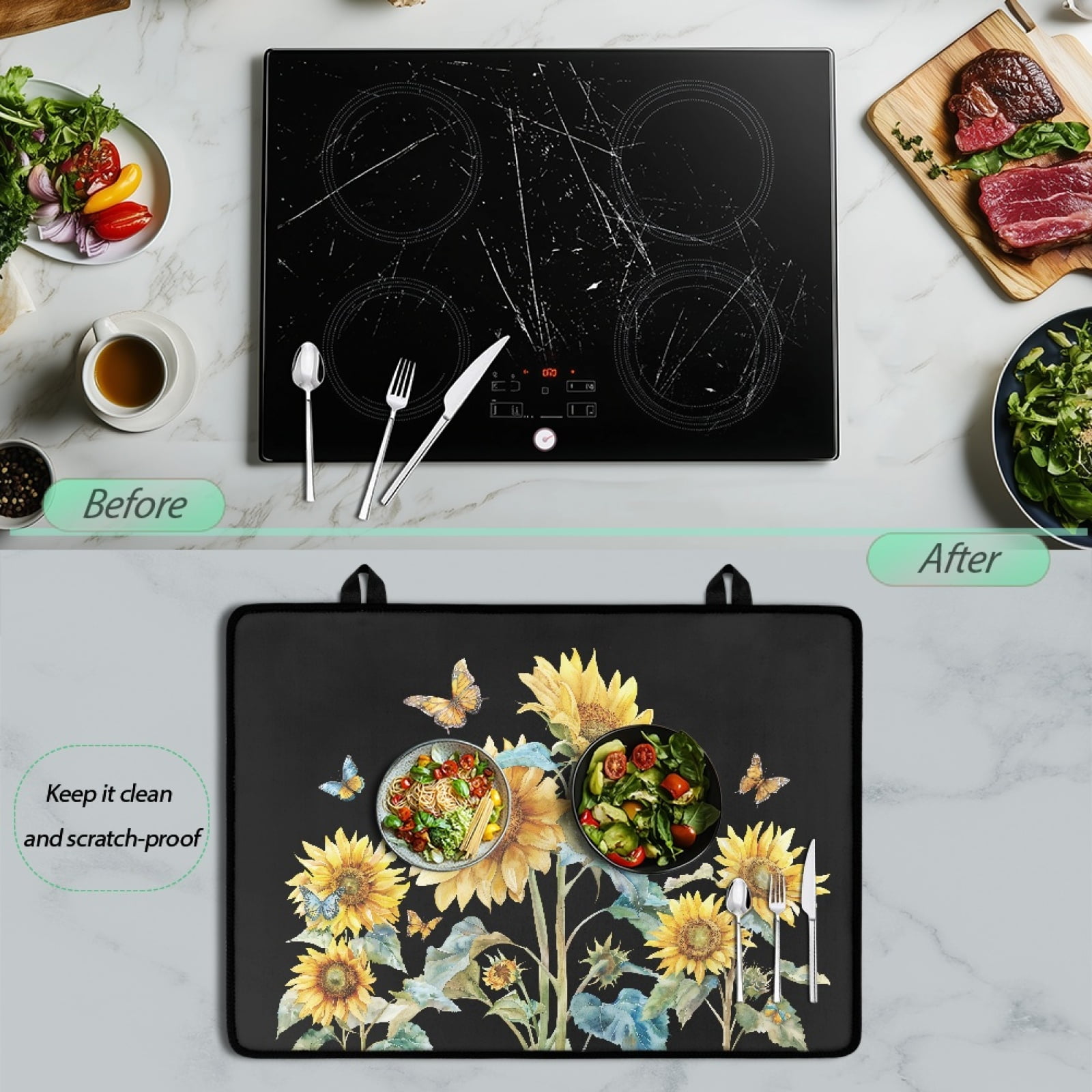 Renewold Stove Top Cover for Electric Stove, Non-skid Glass Electric Stove Top Mat, Induction Electric Stove Top Protector for Kitchen Counter Top, Sunflower Butterfly Black