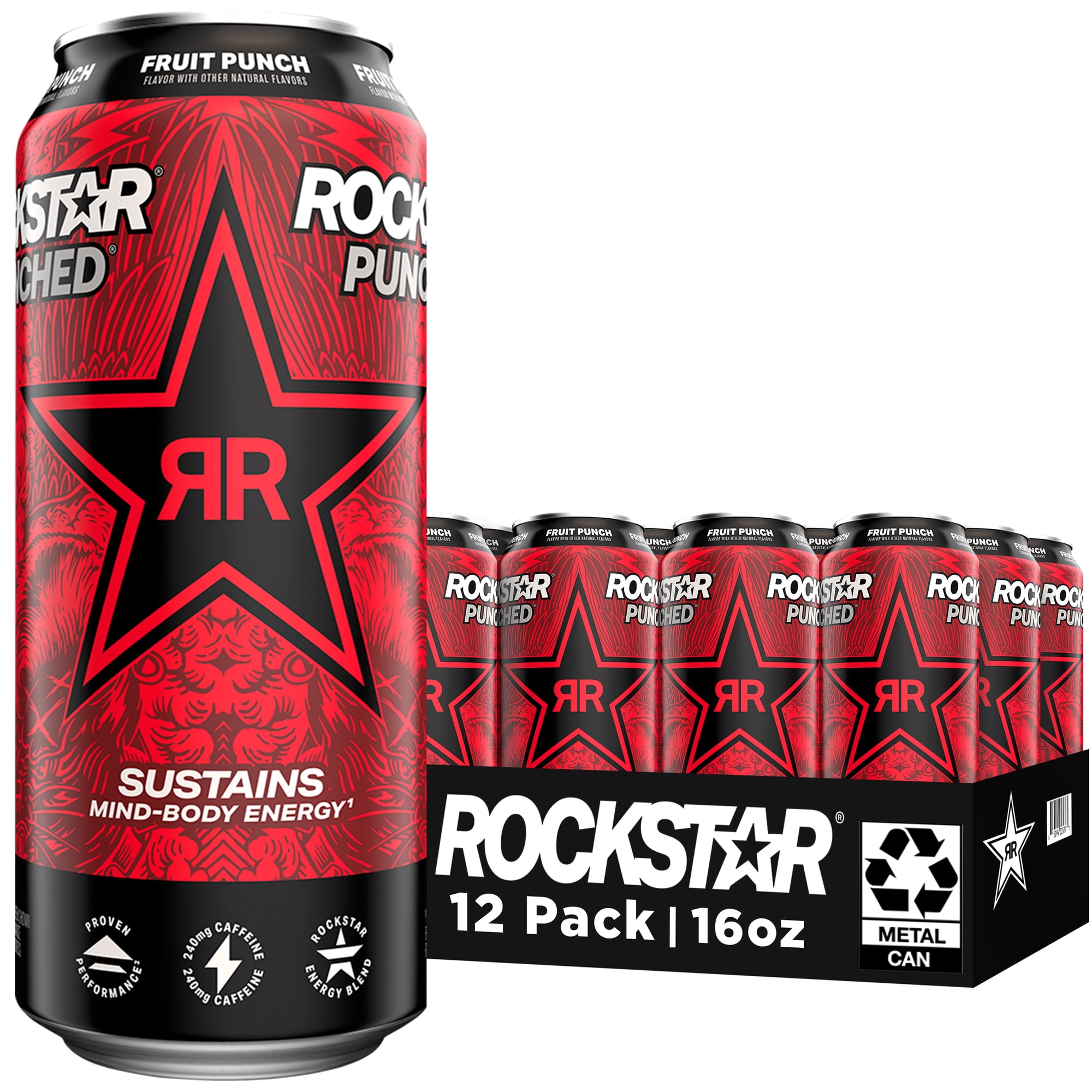 Rockstar Punched Fruit Punch Energy Drink, 16 fl oz, 12 Pack Cans