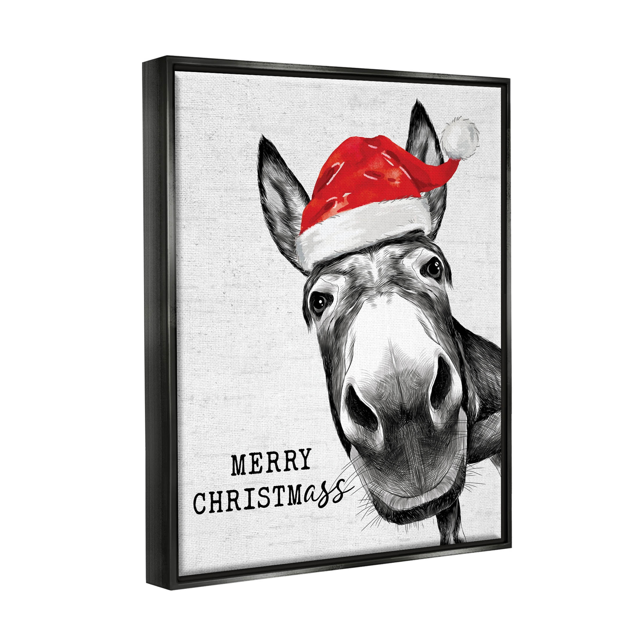 Stupell Industries Merry Christmass Funny Donkey Graphic Art Jet Black Floating Framed Canvas Print Wall Art, Design by Lettered and Lined