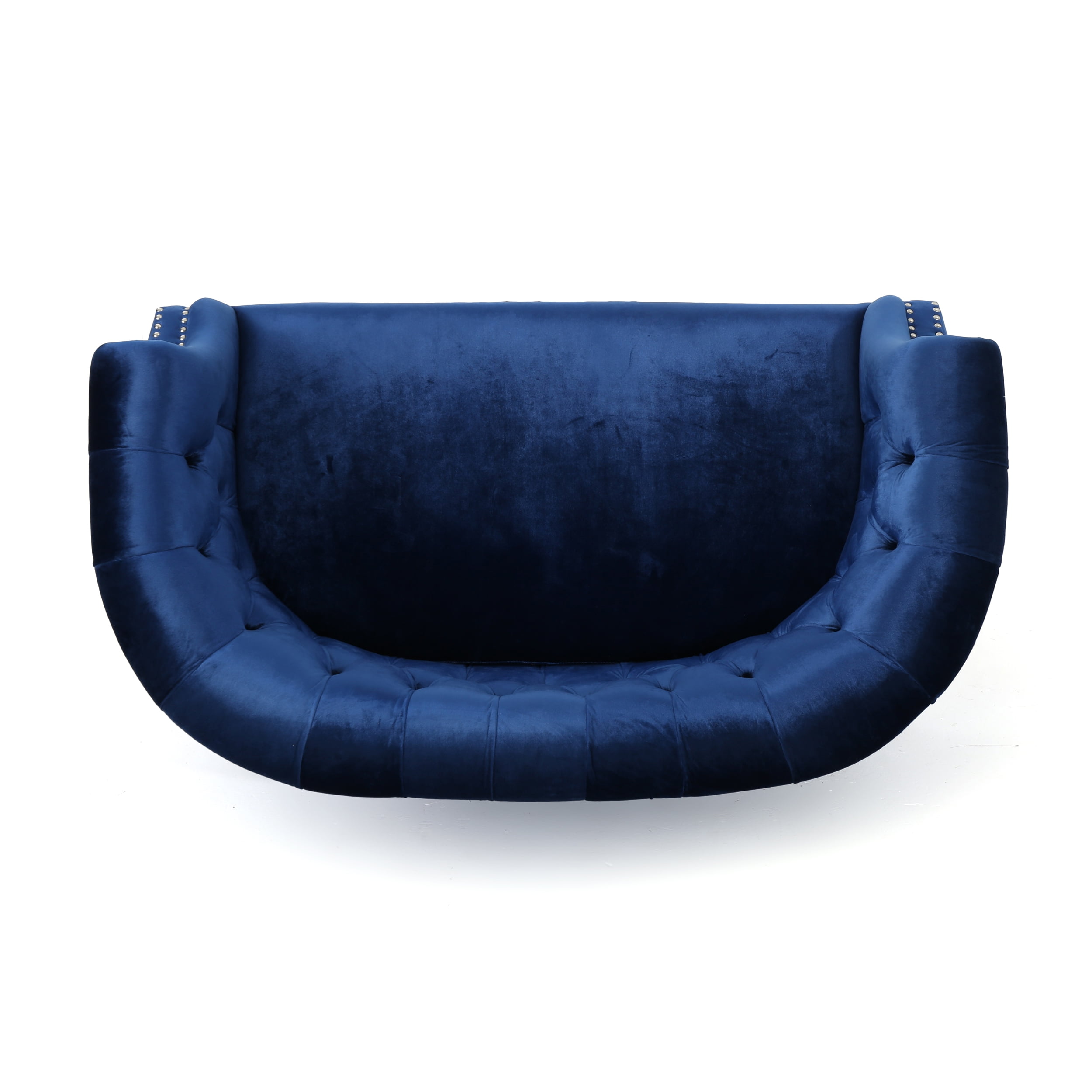 Noble House Myrna Chesterfield Velvet Loveseat with Scrolled Arms, Navy Blue