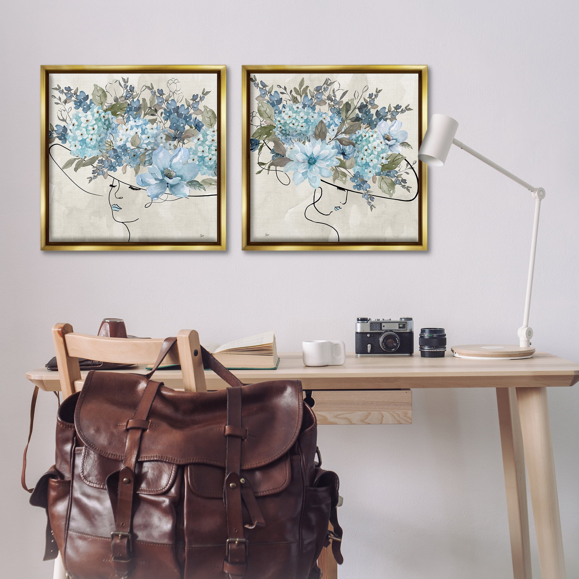 Stupell Industries Female Figure Floral Hat People Painting Gold Floater Framed Canvas Art Print Wall Art, 25 x 25, Set of 2