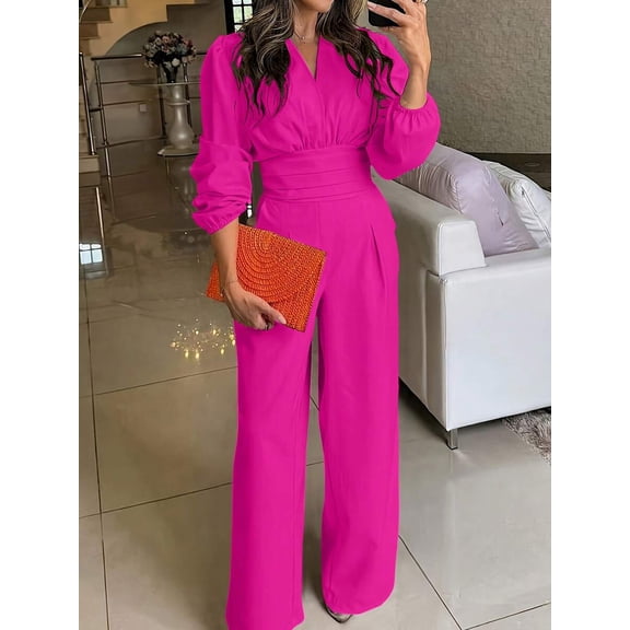 Womens Elegant Hot Pink V-Neck Long Sleeve Shirred Waist Wide Leg Jumpsuit