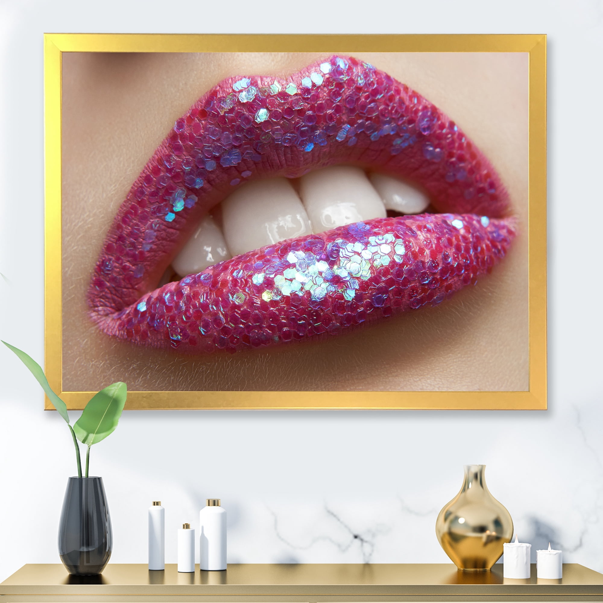 Designart 'Girl Lips Pink Lipstick and Sequins' Modern Framed Art Print