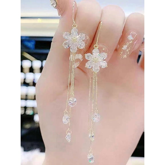 Gold Flower Dangle Earrings With Crystal Tassels Elegant Long Drop Earrings For Women
