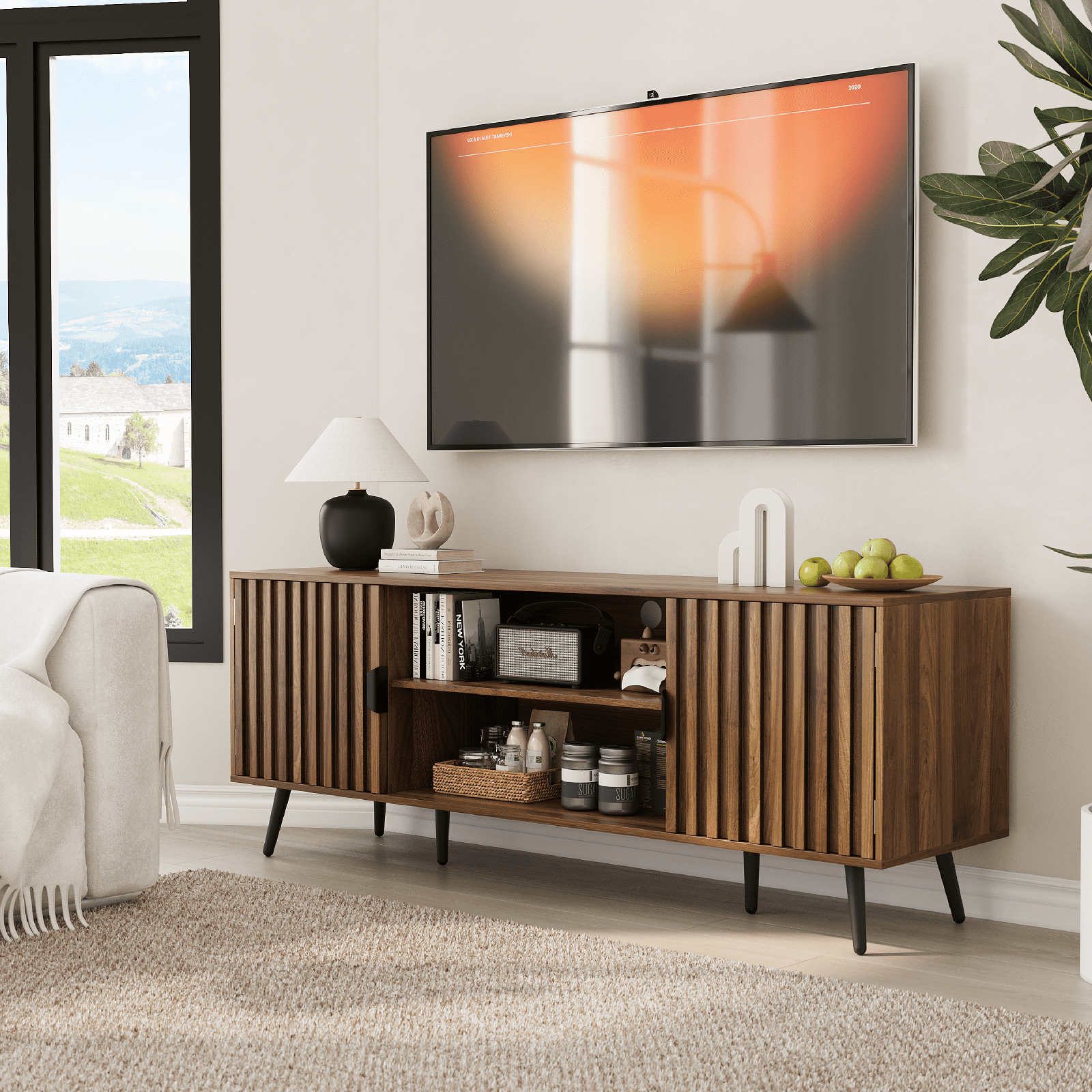 Smuxee Entertainment Center for TVs,Fluted TV Stands for 55 Inch TV,Walnut