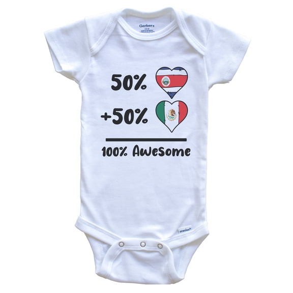 50% Costa Rican Plus 50% Mexican 100% Awesome Costa Rica Mexico Heart Flags Baby Bodysuit, 0-3 months white