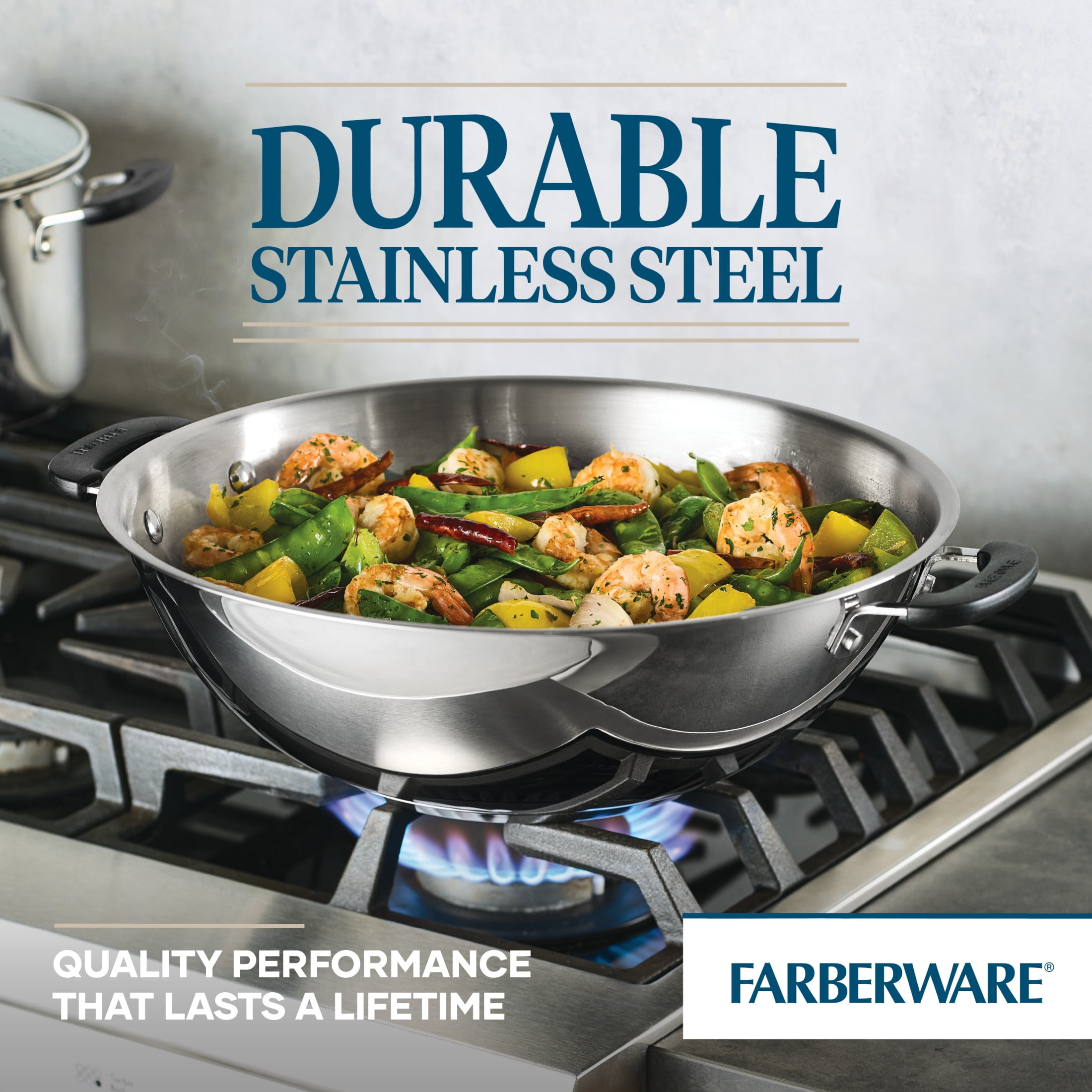 Farberware Brilliance 14 Inch Wok Induction Compatible, Metal Utensil and Dishwasher Safe, Stainless Steel