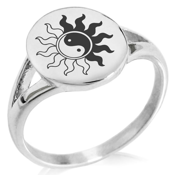 Stainless Steel Blazing Sun Yin Yang Minimalist Oval Top Polished Statement Signet Ring