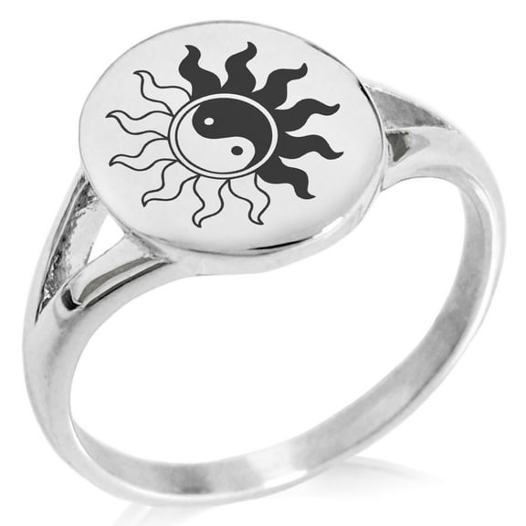 Stainless Steel Blazing Sun Yin Yang Minimalist Oval Top Polished Statement Signet Ring