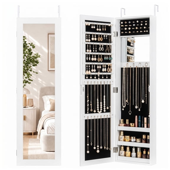 LIVIZA Full-Length Mirror Jewelry Cabinet with Hooks & Storage Shelves, Wall Door Mounted Jewelry Armoire Organizer,White