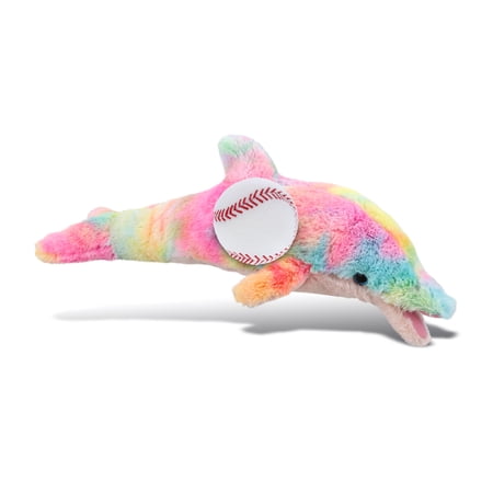 DolliBu Super Soft Rainbow Dolphin Stuffed Animal with Baseball Plush - Soft Huggable Dolphin Playtime Plush Toy Cute Ocean Life Gift Super Soft Plush Doll Animal Toy for Kids and Adults - 14 Inch