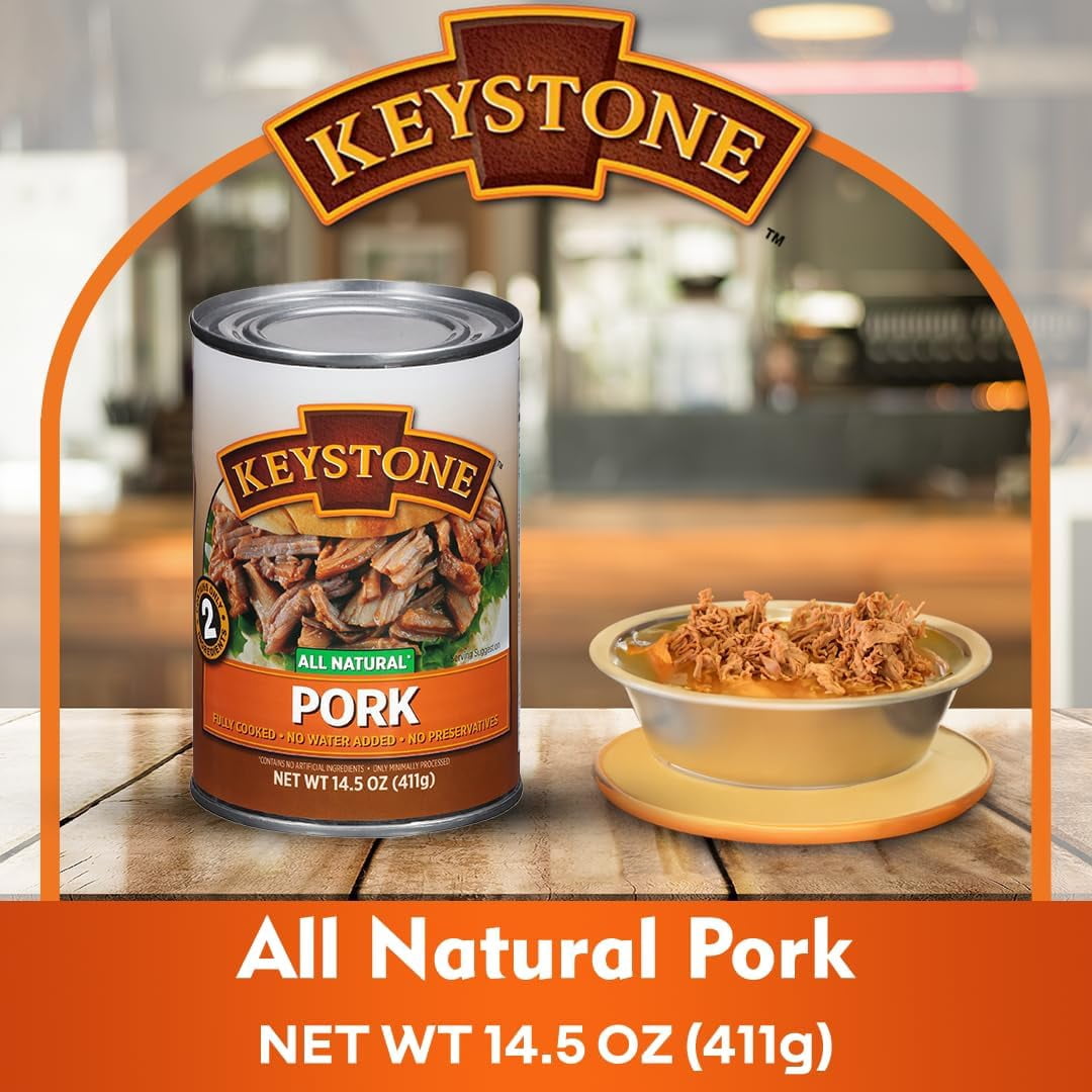 Keystone All Natural Canned Pork, 14.5 oz (12 Pack)– Fully Cooked, Ready to Eat, Gluten Free Survival Food | Emergency Prepper Pantry Staple | Long-Term Storage Meat for Camping, Hiking & Backpacking
