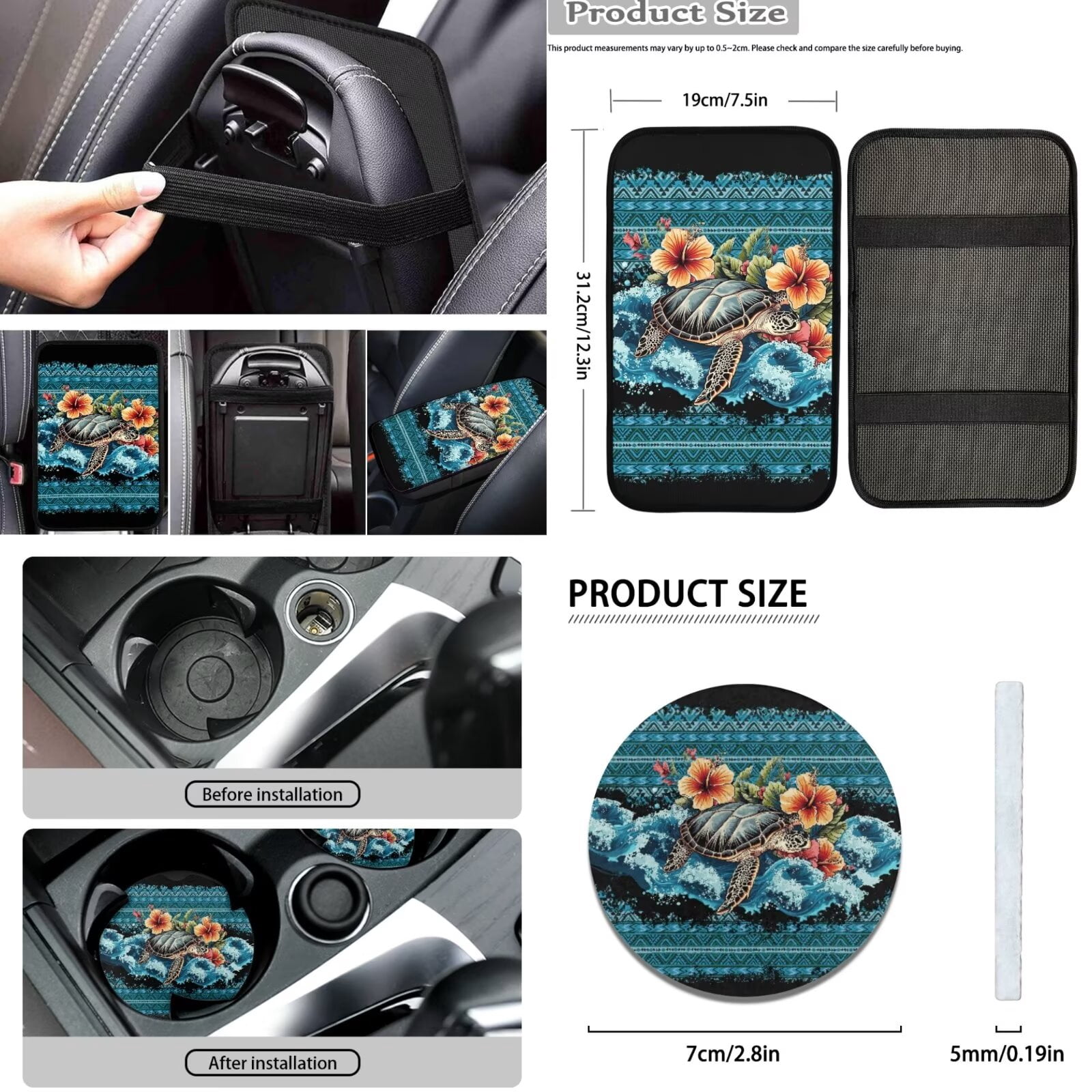 FKELYI Aztec Hibiscus Flower Turtle Print Car Seat Covers Full Set with Steering Wheel Cover Seat Belt Covers Headrest Covers Auto Center Console Pad Gear Shift Knob Sleeve Cup Coasters, 16 Pcs