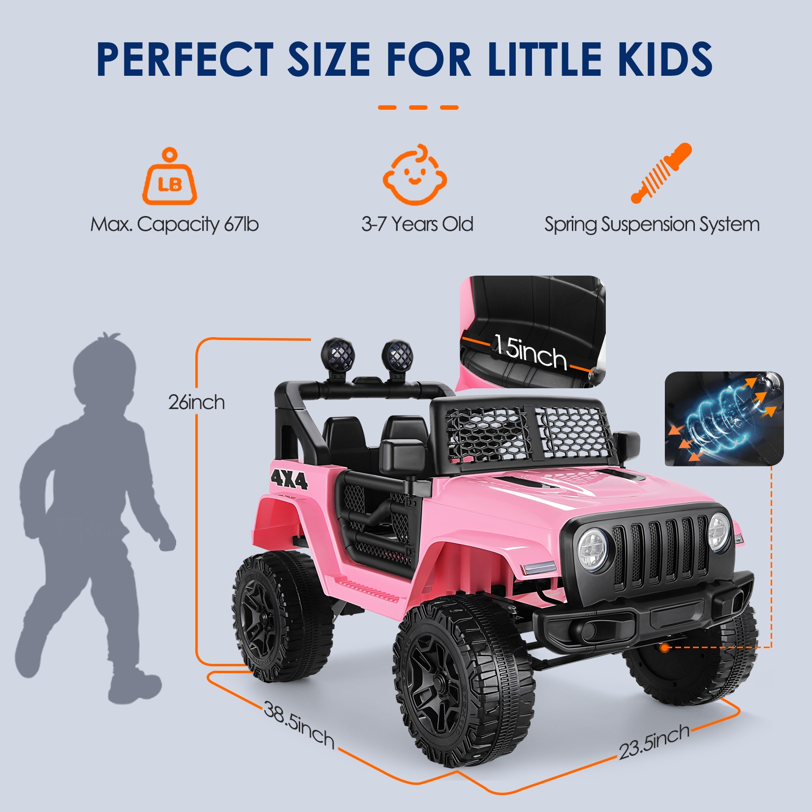 Funcid 12V 7AH Kids Powered Ride on Truck Car with Parent Remote Control, Bluetooth Music, Spring Suspension, LED Lights - Pink