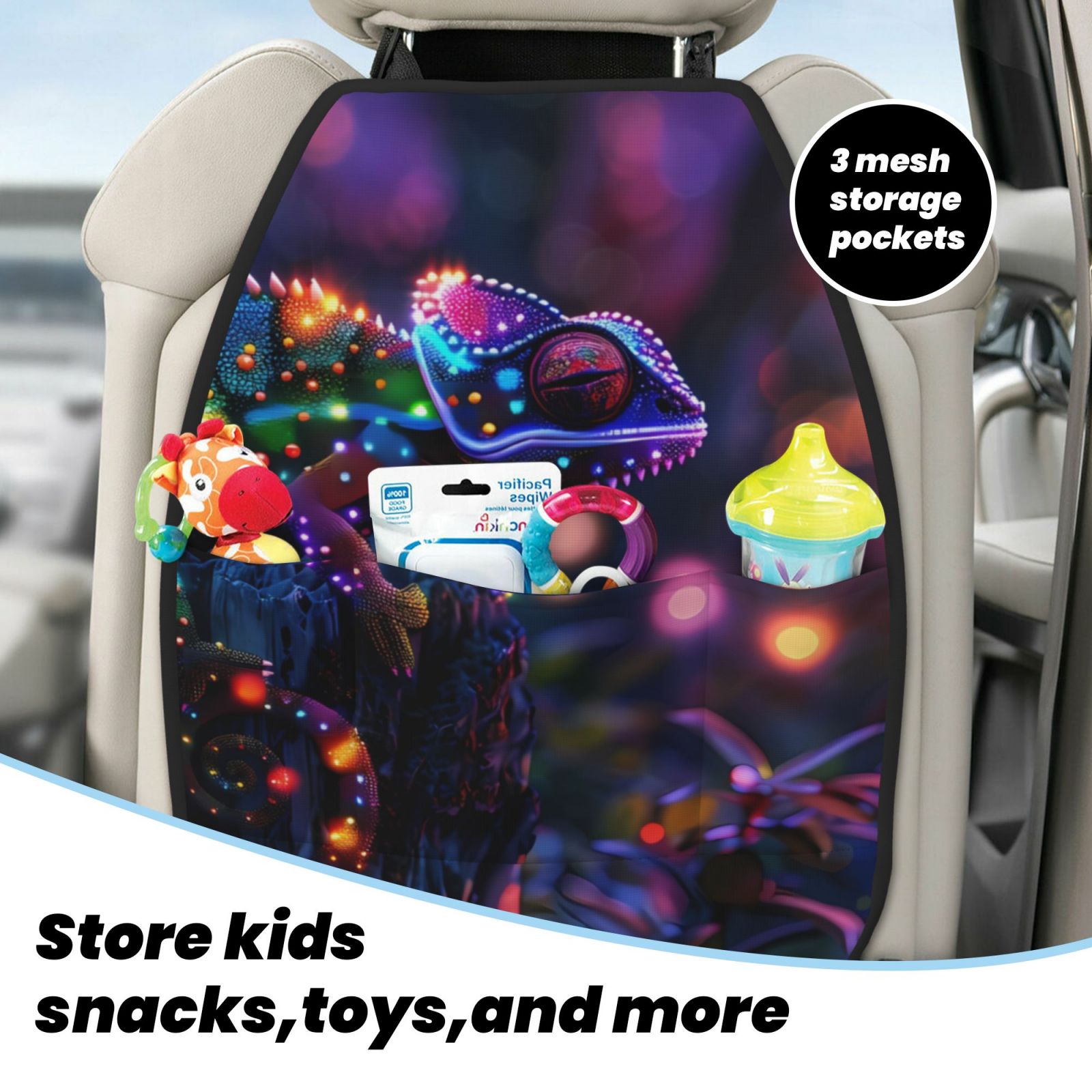 Kdxio Glowing Chameleon Fantasy Art Print 2 Pack Car Kick Mat Seat Cover Back Protector Mat with Pockets for Organizer Backseat Protector and Storage Anti Kick Pad for Vehicles