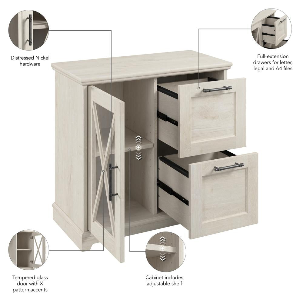 Bush Furniture Lennox Farmhouse 2 Drawer Lateral File Cabinet with Shelves in Linen White Oak