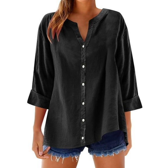 Ecqkame Womens 3/4 Length Sleeve Summer Tops Trendy Business Dressy Casual Blouses Solid Color V Neck Button Down Shirts Black XXL