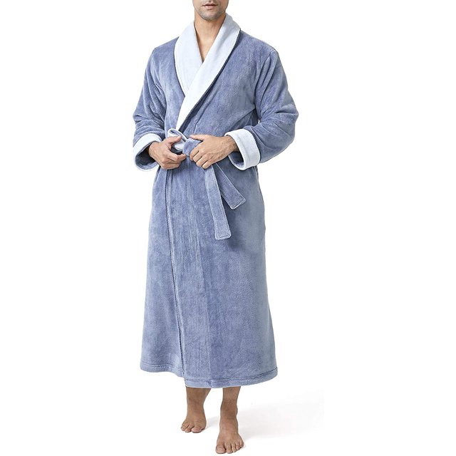 Men's Coral Fleece Robe Full Length Lounge Shawl Bathrobe with 2 Pockets