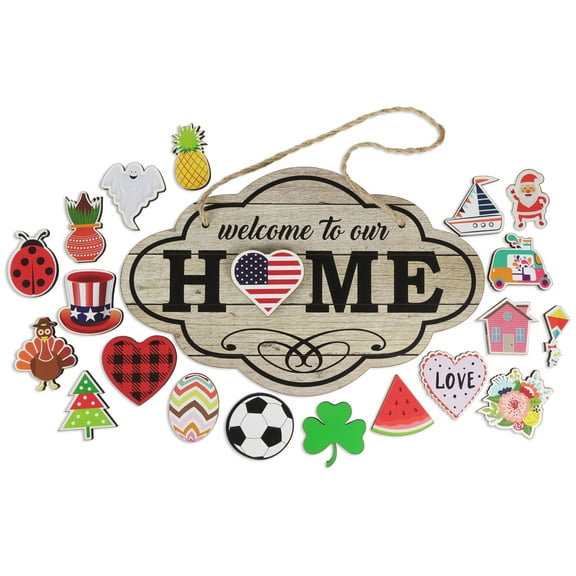 Inkdotpot Welcome Sign Front Door Decorations Hanging 20 Interchangeable Rustic Wood Seasonal Holiday Ornaments Housewarming Gift, Farmhouse Porch Decor- Wall Hanging 14" Inches