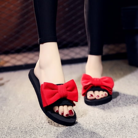 

VKEKIEO Round Toe Bedroom Slippers Women Flat Heel Platform Red
