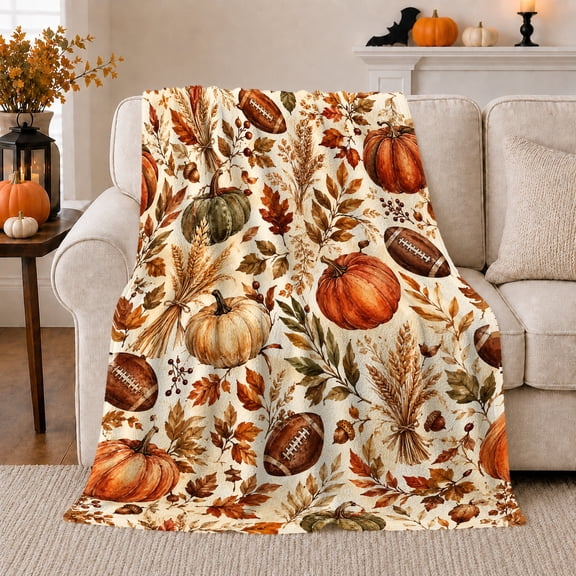 Printed Flannel Throw Blanket with Footballs, Pumpkins, Wheat Bundles and Autumn Leaves