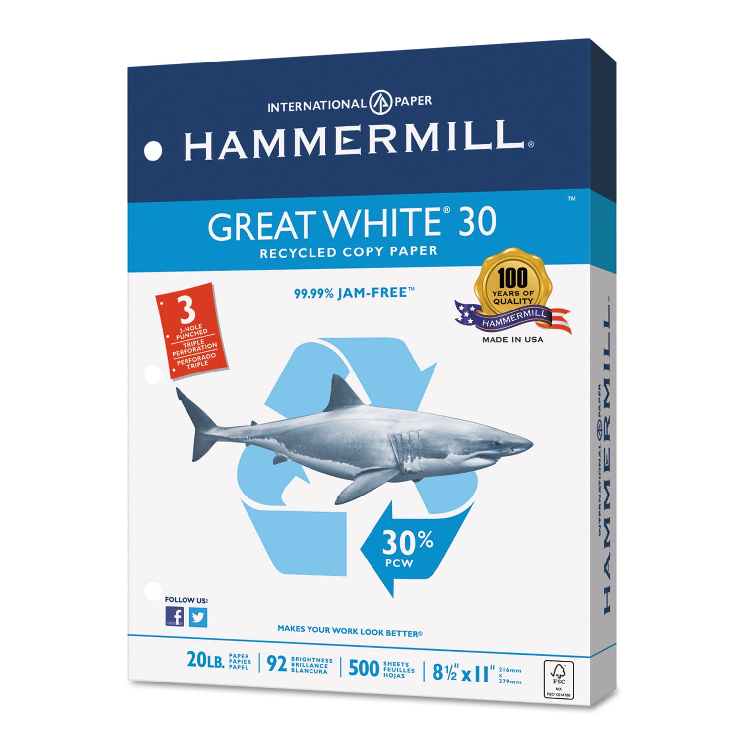 Hammermill Great White Recycled Copy 3-Hole Punched 92 Brightness 20lb Letter 5000/Ctn 86702, Paper