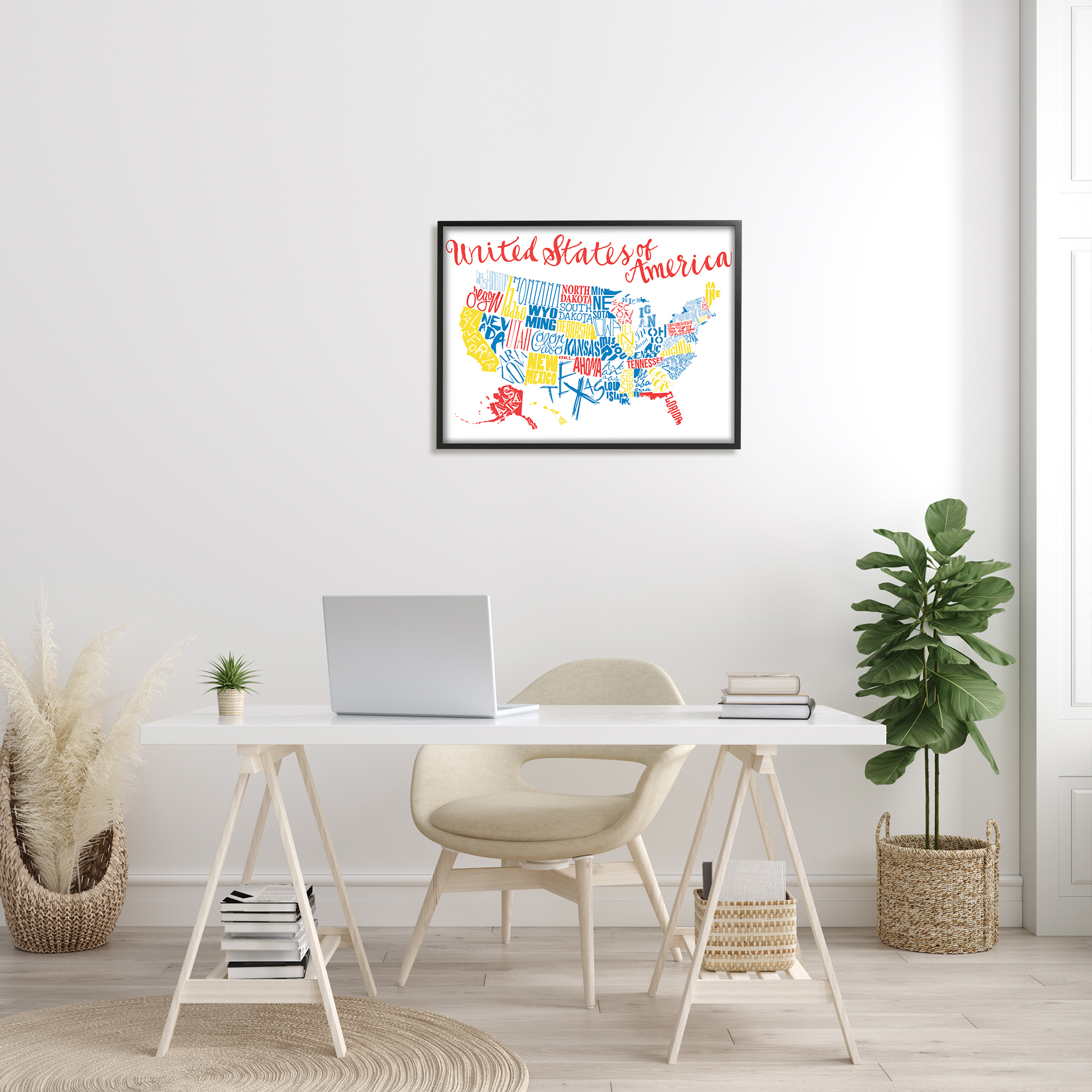 Stupell Industries United States of America Typography Map Primary Tones Art for Kids Painting Black Framed Art Print Wall Art, 24 x 30