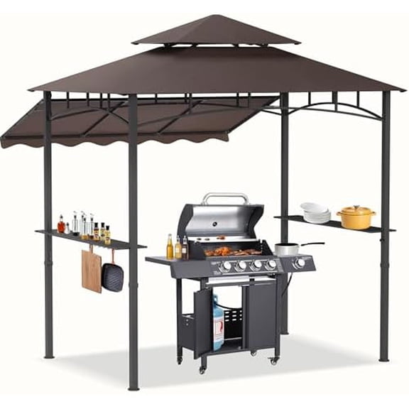 8x8x5 FT BBQ Grill Gazebo Outdoor, Double Tired  Canopy Tent with Side Awning Shelves, Barbecue Shelter with 14 Hooks and Bottle Opener for Backyard Garden Poolside, Brown$$Garden &