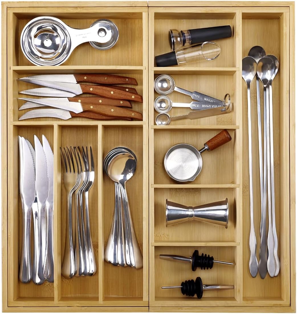 Large Bamboo Expandable Drawer Organizer, Silverware Organizer for Drawers, 16 to 30 Inches Wide, 7-13 Slots, Kitchen Drawer Organizers for Utensils, Bamboo Wood Cutlery Organizers