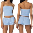 thumbnail image 2 of Gupgi Ensemble 2 Pcs pour Femmes à Rayures Pyjama d'Été Ensemble de Détente Sans Manches Coupe Ajustée Haut Tube Shorts, 2 of 9