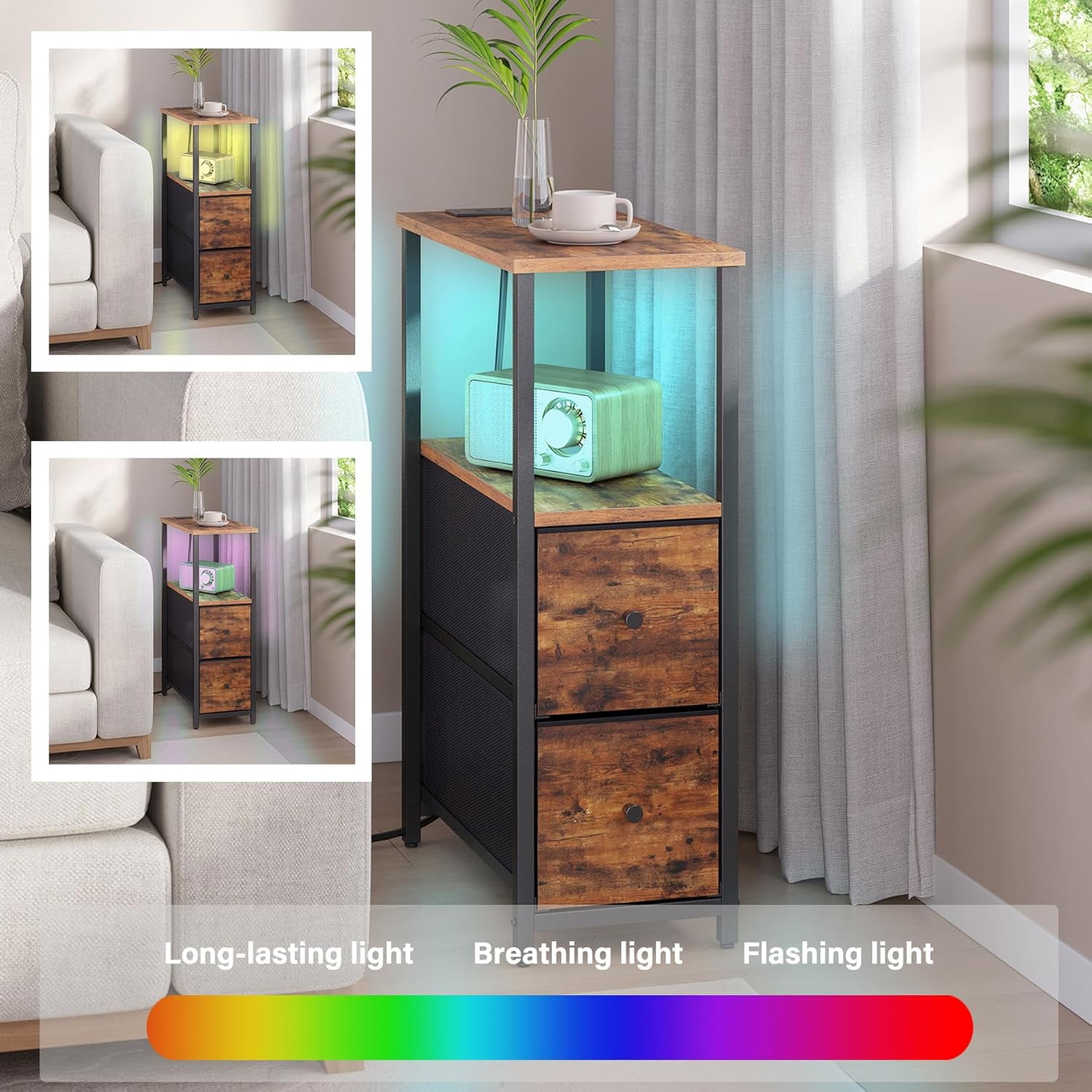 Small Narrow LED End Table with Charging Station, Side Table Outlets, Nightstand with 2 Cloth Drawers, Set of 2, Couch Table, for Living Room, Bedroom, Bedside, Brown TB01BB056
