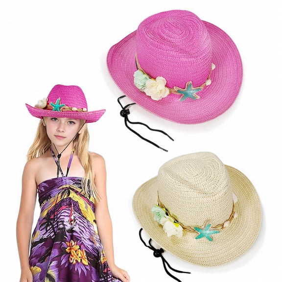 Cowboy Hat for Kids, Western Cowgirl Hat with Sea Shell Decors, Classic Straw Cattleman Cowboy Hat for Outdoor Activity