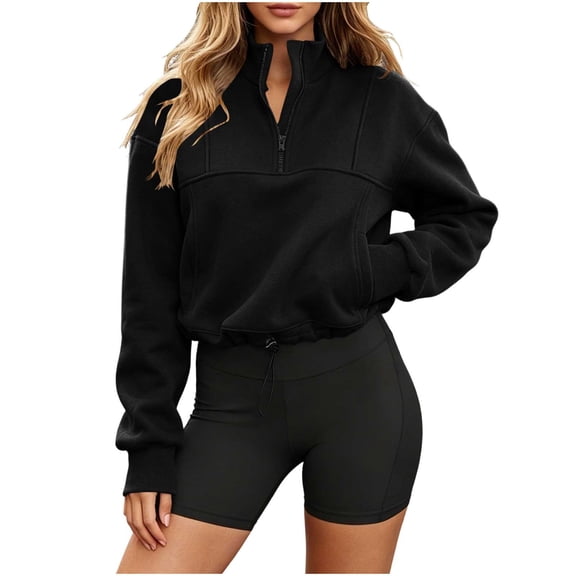 Turilly Women's Solid Color Quarter-Zip Pullover Hoodless Sweatshirt, Casual Long Sleeve Stand Collar Fleece Top with Pockets