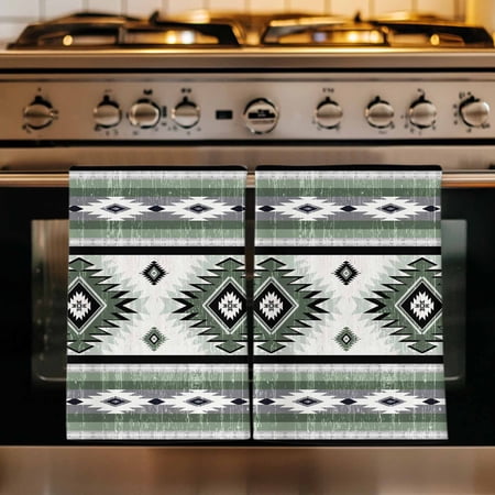 Sage Green Boho Kitchen Towels Set of 2 Southwestern Ethnic Aztec Retro Geometric Absorbent Dish Towels for Kitchen Microfiber Hand Towel Quick Drying Tea Towel for Cleaning Decorative Dishcloths