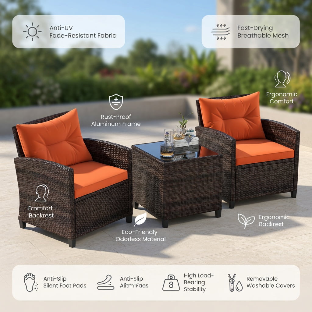 Hommoo 3-Piece Outdoor Rattan Patio Furniture Set with Washable Cushions, Orange