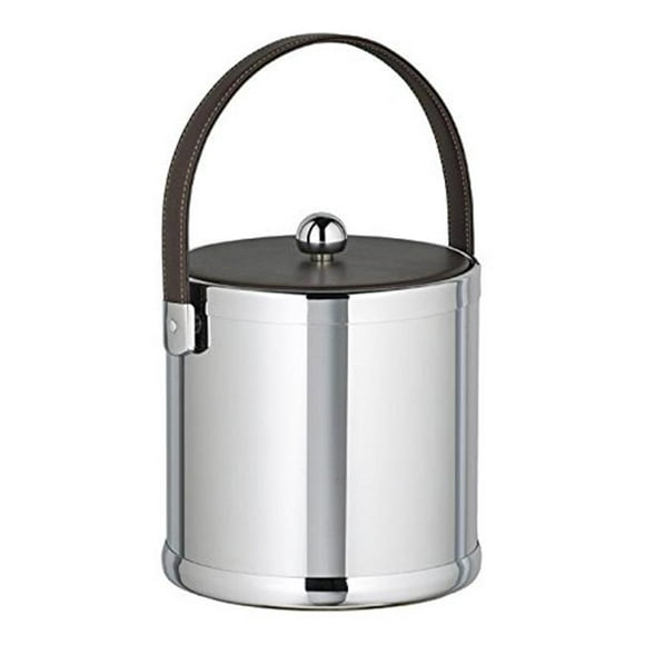 Kraftware Corp 70075 Polished Chrome 3 qt. Ice Bucket With Brown Stitched Handle And Fabric Lid