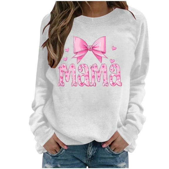 XPMWRP Womens Pullover Sweatshirts Long Sleeves Loose Comfy Sweatshirt Mama Letter Graphic Tees Shirts for Mother's Day White M