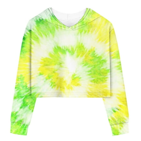 

Girls Tops Loose Active Full Sleeves Hoodies Sweat Hooded Short Pullover Tie Dye Crop Children Tops