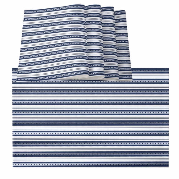 Navy Blue Striped Placemats for Dinning Table Set of 4, Farmhouse Striped Geometric Art Burlap Kitchen Place Mats Waterproof Cloth Table Mats, Indoor Outdoor Placemats Easy Clean Dinner Decor