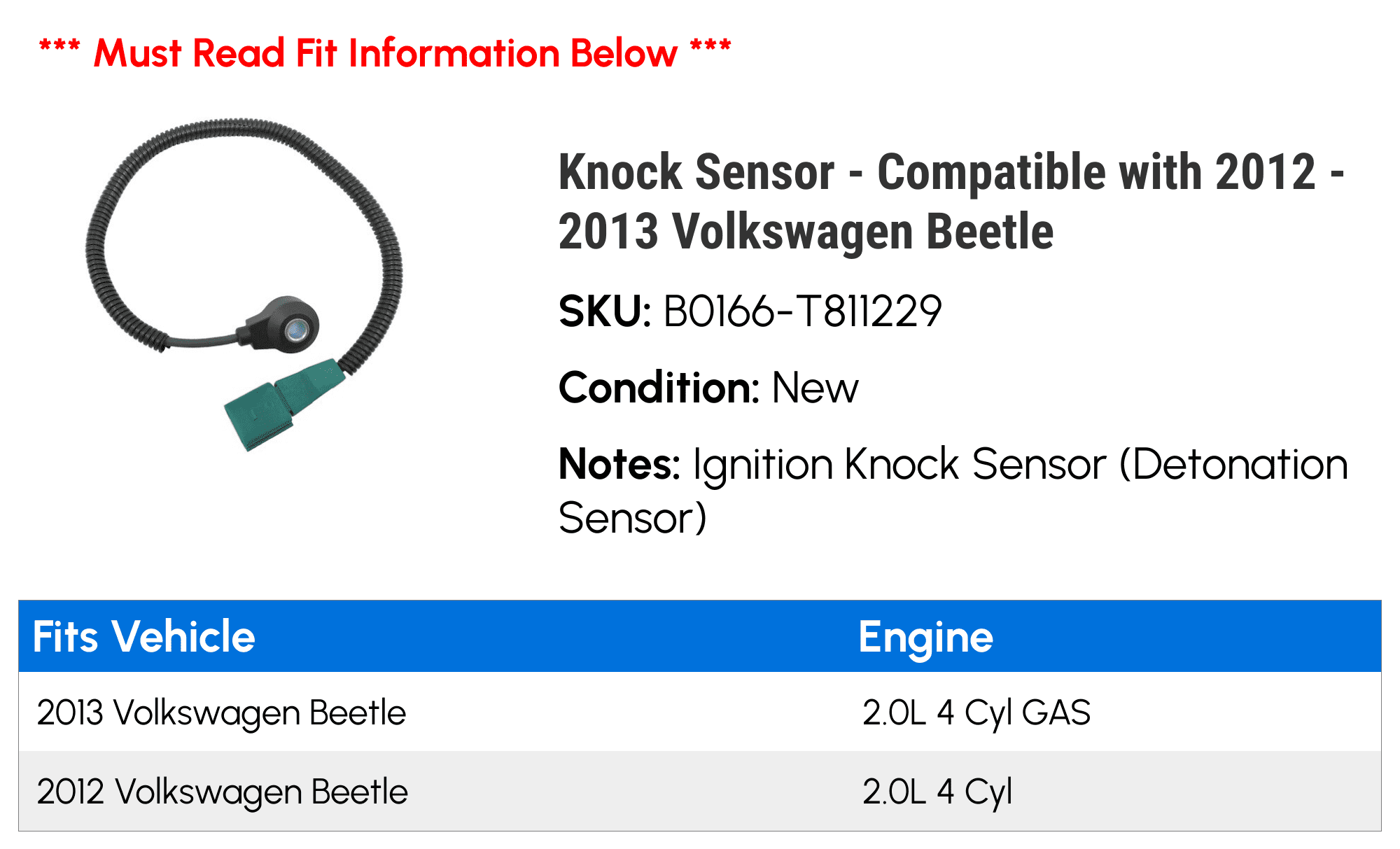 Knock Sensor - Compatible with 2012 - 2013 Volkswagen Beetle