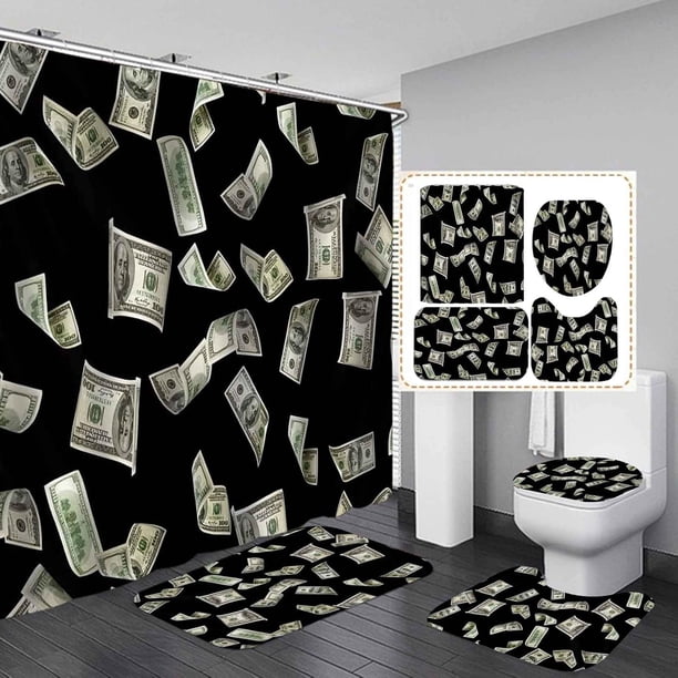 Juego de 4 cortinas de ducha con diseño de dólares estadounidenses, diseño de flechas, corazones, estrellas, amarillos, rosas y moradas, decoración moderna y divertida para el baño, cortina de baño
