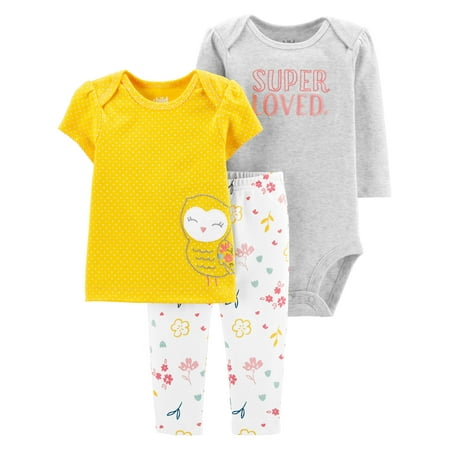 Child Of Mine By Carter's Long Sleeve Bodysuit, T-Shirt & Pants, 3pc Outfit Set (Baby Girls)
