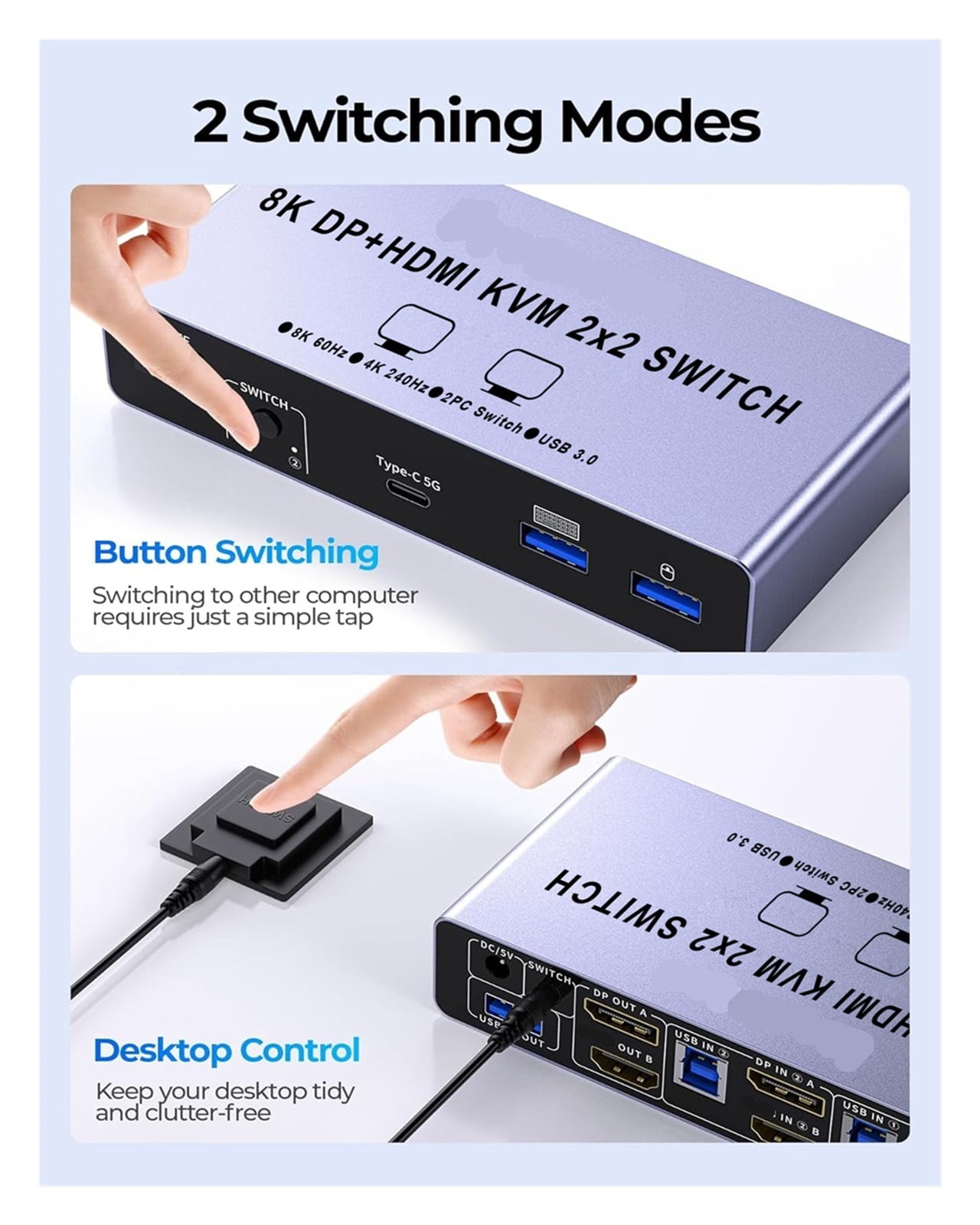2 Port 4K 240Hz KVM Switch, Dual HD Media Extended Display Hub