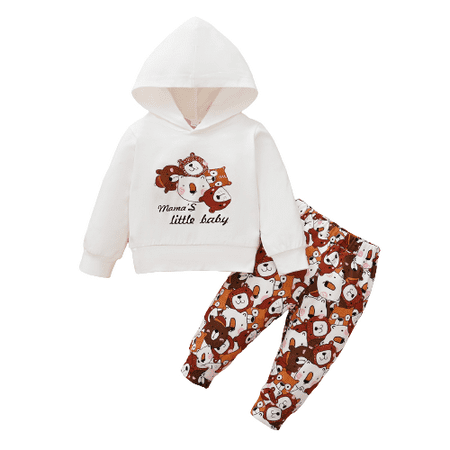

Kucnuzki 3 Months Baby Boy Winter Outfits Pants Sets 6 Months Long Sleeve Bear Prints Hooded Sweatshirt Tops Elastic Pants 2PCS Set White