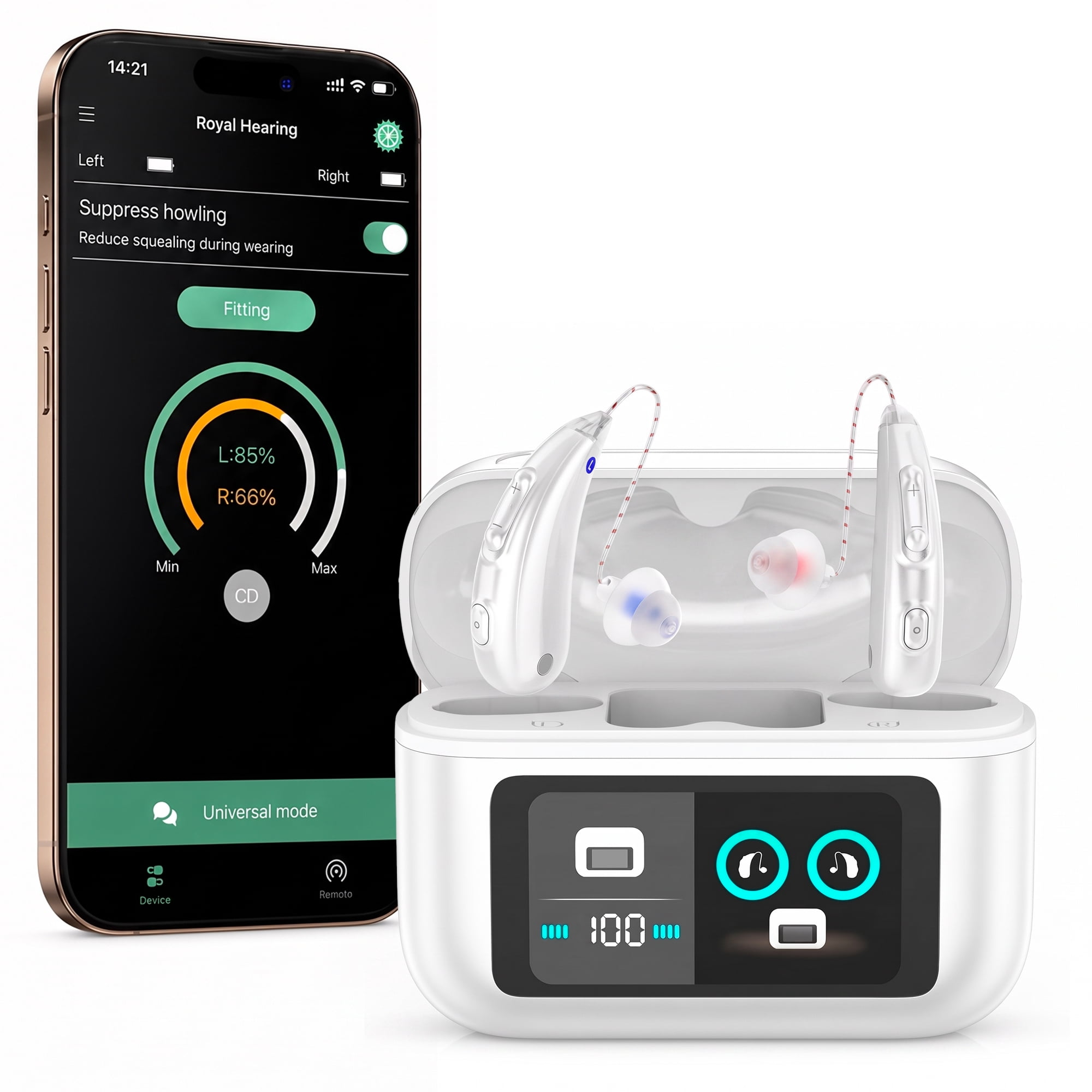 MEDca Bluetooth Hearing Amplifier for Adults, Rechargeable Personal Sound Amplifier with Smart App, Noise Reduction, 5 Volume Levels, LED Charging Case, Calls and Music