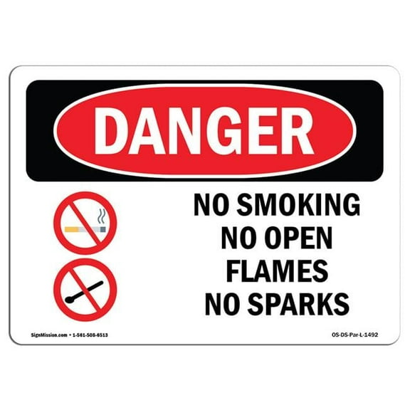 SignMission OS-DS-D-710-L-1492 OSHA Danger Sign - No Smoking No Open Flames No Sparks