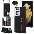 thumbnail image 1 of Nalacover Zipper Wallet Case for Samsung Galaxy S21 Ultra, Luxury PU Leather Crossbody Lanyard Shoulder Strap Magnetic RFID Blocking Cover with Kickstand Card Slots Holder Shockproof Case,Black, 1 of 10
